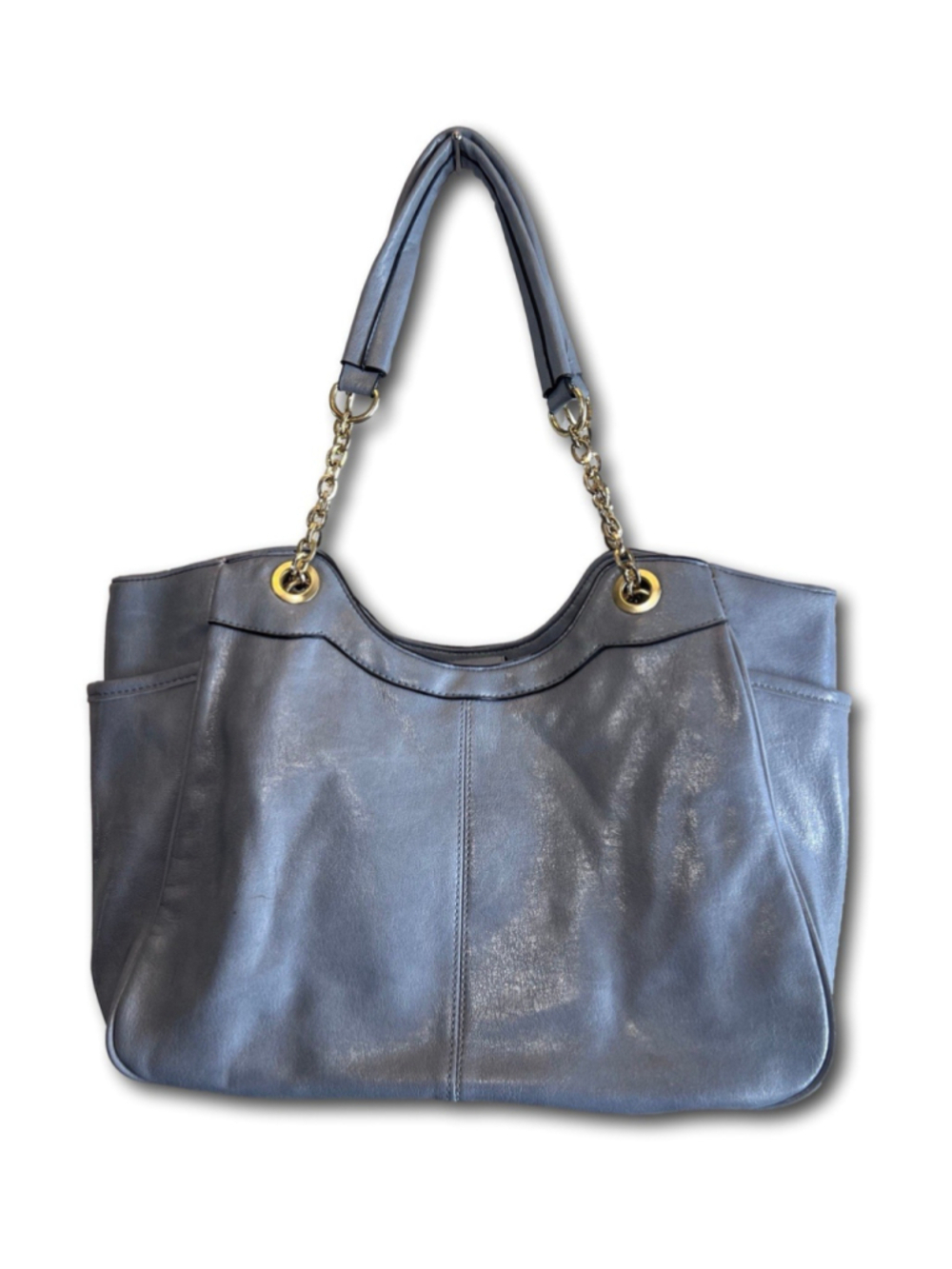 Baby Blue Faux Leather Handbag Purse Shoulder Tote Gold Tone Chain Links